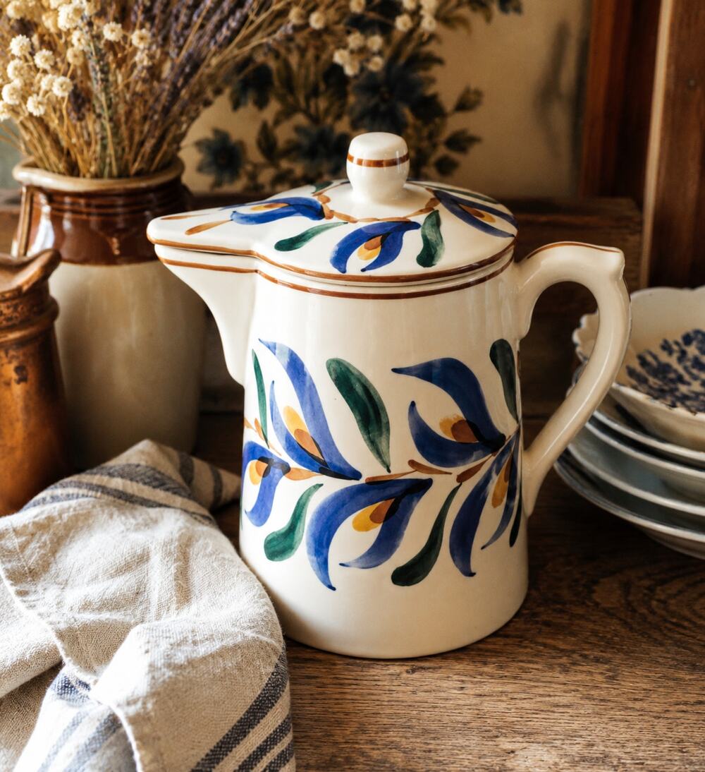 Vintage German Hand Painted Folk Floral Pottery Pitcher With Lid